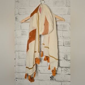 Boho Moon Phase Scarf Tassel Wrap – Cream & Terracotta Celestial Shawl